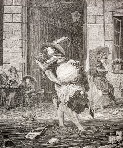 Een Drager die een Vrouw over de Straat Draagt op een Regenachtige Dag in 18e-eeuws Parijs, 1875 door French School